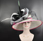 Wide Brim Sinamay Derby Hat: Feather Flower, Fuchsia Pink Trim