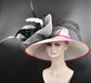Wide Brim Sinamay Derby Hat: Feather Flower, Fuchsia Pink Trim