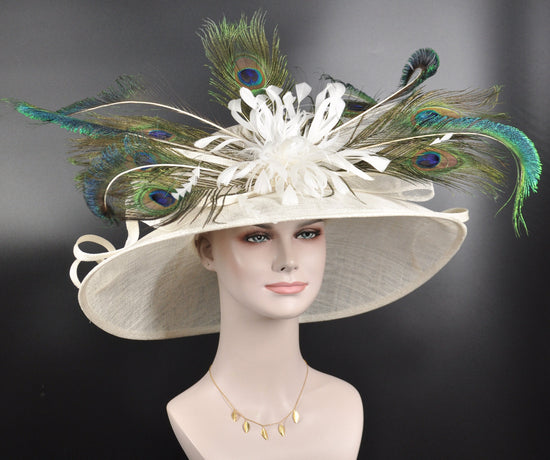 Wide Brim Kentucky Derby Hat, Ascot Hat for Wedding & Tea Party, Garden Party Hat, Mother of the Bride, Church  Ivory  Peacock Feather