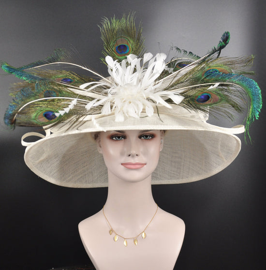 Wide Brim Kentucky Derby Hat, Ascot Hat for Wedding & Tea Party, Garden Party Hat, Mother of the Bride, Church  Ivory  Peacock Feather