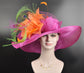 Kentucky Derby Hat, Church hat, Tea Party Hat, Wide Brim Sinamay Hat, Fuchsia Pink, Lime Green,Orange Silk Flower Peacock Feathers