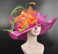 Kentucky Derby Hat, Church hat, Tea Party Hat, Wide Brim Sinamay Hat, Fuchsia Pink, Lime Green,Orange Silk Flower Peacock Feathers