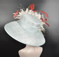 Powder Blue with Super Jumbo Ivory Feather Flowers  W Red Kentucky Derby Hat Tea Party Carriage Party  Royal Ascot Wide Brim Sinamay Hat