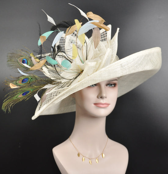 Ivory, Blue Peacock Feathers Wide Brim Kentucky Derby Hat, Ascot Hat for Wedding & Tea Party, Garden Party Hat, Mother of the Bride, Church