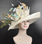 Ivory, Blue Peacock Feathers Wide Brim Kentucky Derby Hat, Ascot Hat for Wedding & Tea Party, Garden Party Hat, Mother of the Bride, Church
