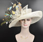 Wide Brim Sinamay Kentucky Derby Hat: Ivory, Blue & Peacock Feathers