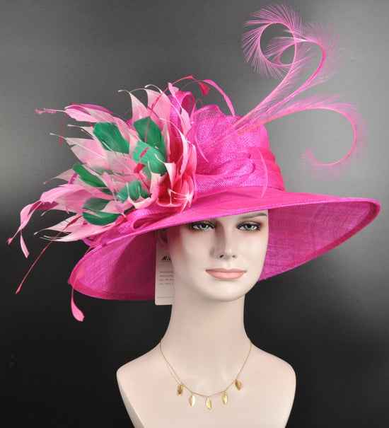 Hot Pink Sinamay Kentucky Derby Hat: Wide Brim Feathered Church Hat