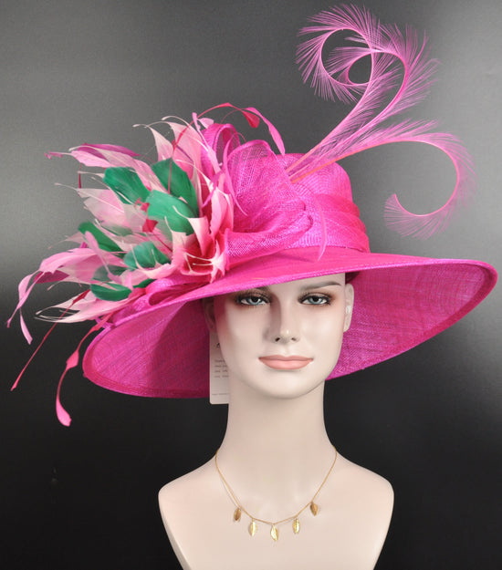 Hot Pink Sinamay Derby Hat: Wide Brim Feathered Church Hat