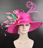 Hot Pink Sinamay Kentucky Derby Hat: Wide Brim Feathered Church Hat