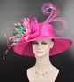 Hot Pink Sinamay Kentucky Derby Hat: Wide Brim Feathered Church Hat