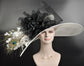 Wide Brim Sinamay Derby Hat: White & Black Feather Ascot Hat