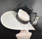 White  Black Feather Silk Flower Wide Brim Sinamay Derby Hat, Feather & Bow Statement Hat, Ascot Fascinator for Wedding, Church, Tea Party