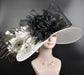Wide Brim Sinamay Derby Hat: White & Black Feather Ascot Hat