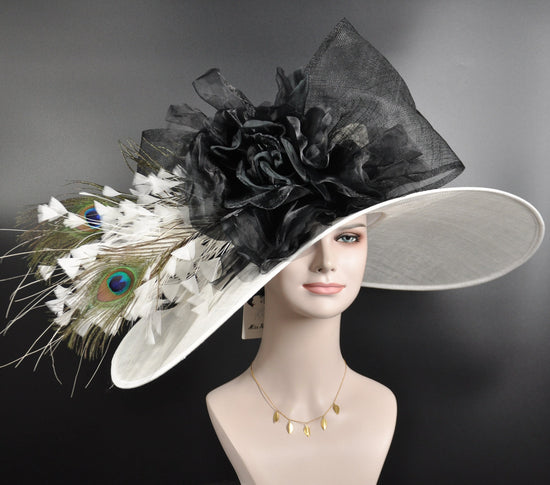 White  Black Feather Silk Flower Wide Brim Sinamay Derby Hat, Feather & Bow Statement Hat, Ascot Fascinator for Wedding, Church, Tea Party