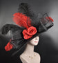 Black Sinamay Derby Hat: Red Rose, Feather Ascot Hat