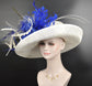 Church, Kentucky Derby Hat ,Tea Party, Wedding, Wide Brim Sinamay Hat, Royal Ascot Hat,  Oaks day hat Ivory  Royal Blue Silk flower Feathers