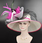 Wide Brim Sinamay Derby Hat: Fuchsia Pink Silk Flower Feather Bow