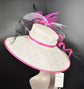 Wide Brim Sinamay Derby Hat: Fuchsia Pink Silk Flower Feather Bow