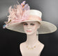 Ivory W Blush Pink  Jumbo Feather Flower, Butterflies Church Kentucky Derby Hat Carriage Tea Party Wedding Wide Brim Woman’s Royal Ascot Hat