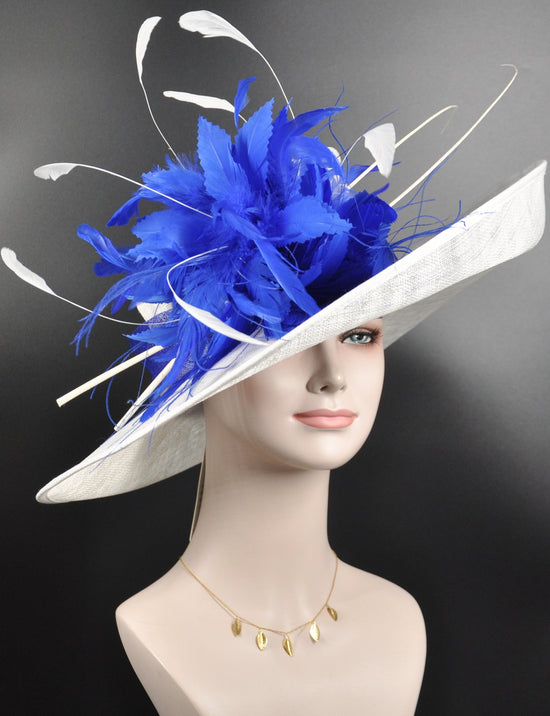 Wide Brim Sinamay Derby Hat: Royal Blue Feather Church Wedding