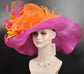 Hot Pink Sinamay Derby Hat: Orange Bow & Feather Flowers