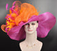 Hot Pink Sinamay Derby Hat: Orange Bow & Feather Flowers