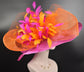 Hot Pink Sinamay Derby Hat: Orange Bow & Feather Flowers