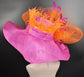 Hot Pink Sinamay Derby Hat: Orange Bow & Feather Flowers