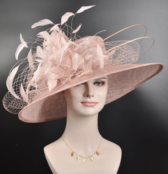 Wide Brim Sinamay Derby Hat: Blush Pink Flower, Wedding Race Day Hat