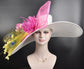 Wide Brim Sinamay Derby Hat: White, Hot Pink, Yellow Feathers