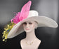 Wide Brim Sinamay Derby Hat: White, Hot Pink, Yellow Feathers