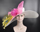 Wide Brim Sinamay Derby Hat: White, Hot Pink, Yellow Feathers