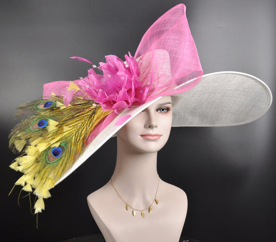 Wide Brim Sinamay Derby Hat: White, Hot Pink, Yellow Feathers