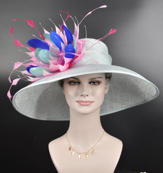 Powder Blue Sinamay Derby Hat: Feather Flower Wide Brim