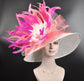 Wide Brim Kentucky Derby Hat, Ascot Hat for Wedding & Tea Party, Garden Party Hat, Mother of the Bride, Church-White Fuchsia Pink Peach