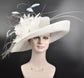 White Sinamay Derby Hat: Feather Flower, Wide Brim