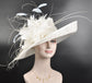 White Sinamay Derby Hat: Feather Flower, Wide Brim