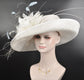 White Sinamay Derby Hat: Feather Flower, Wide Brim