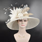 Wide Brim Sinamay Derby Hat: Ivory Feather Flower, Tea Party Wedding
