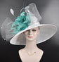 White with  Aqua Gray Feather Flowers and Crin Kentucky Derby,Tea Party Carriage Party  Royal AscotWide Brim  Sinamay Hat