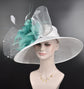 White with  Aqua Gray Feather Flowers and Crin Kentucky Derby,Tea Party Carriage Party  Royal AscotWide Brim  Sinamay Hat