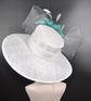 White with  Aqua Gray Feather Flowers and Crin Kentucky Derby,Tea Party Carriage Party  Royal AscotWide Brim  Sinamay Hat
