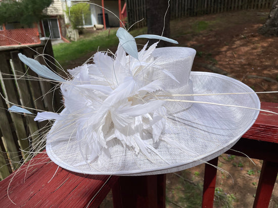 White Sinamay Derby Hat: Feather Flower, Wide Brim