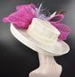 Wide Brim Sinamay Derby Hat: Fuchsia, Lavender, and Peacock Feather