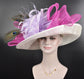 Wide Brim Sinamay Derby Hat: Fuchsia, Lavender, and Peacock Feather