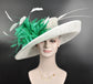 Wide Brim Sinamay Derby Hat: White, Kelly Green Feather Ascot Hat