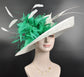 Wide Brim Sinamay Derby Hat: White, Kelly Green Feather Ascot Hat