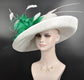 Wide Brim Sinamay Derby Hat: White, Kelly Green Feather Ascot Hat
