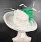 Wide Brim Sinamay Derby Hat: White, Kelly Green Feather Ascot Hat