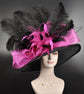 Wide Brim Sinamay Derby Hat: Black, Fuchsia, Feather Flower